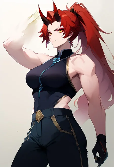 score_9,score_8_up,score_7_up,score_6_up, Expressiveh, 1girl, solo, adult, tall female, golden eyes, red makeup, red hair, streaked hair, long hair ponytail, ponytail, short hairs, red and black horns, spiky horns, breasts, large round breasts, oni, demon queen, demon lord, muscular, (thick thighs:0.6), (angry:0.9), black baggy pants, white top, necklace, FEI XIAO REGULAR WEAR, gloves, black gloves, smiling looking at viewer, barefoot, side_kick, tatami, gym clothes, side view