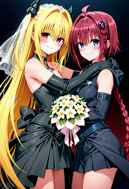 masterpiece, best quality, 2girls, hug, blush, smile, looking at viewer, konjiki no yami, 1girl, solo, red eyes, long hair, blonde hair, two side up, hair between eyes, hair intakes, very long hair, kurosaki mea, 1girl, solo, blue eyes, short hair, hair ornament, braid, red hair, single braid, side braid, bride, black wedding dress, black dress, gothic, bridal veil, strapless dress, elbow gloves, holding bouquet, smile, looking at viewer, ,<lora:ToLoveRu_Style_NAI:1.0>,