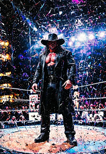professional photograp of The Undertaker from wrestling, dynamic angle, arena scene, cinematic feel, movie grain, extreme detail, ultra realism, depth of field, viginette