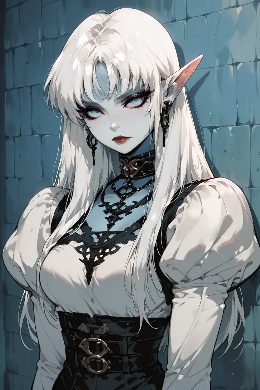 masterpiece, best quality, 1girl, solo, eyelashes, (beautiful eyes), 1girl, solo, long hair, breasts, looking at viewer, bangs, blue eyes, long sleeves, jewelry, closed mouth, upper body, white hair, earrings, choker, pointy ears, puffy sleeves, belt, necklace, collar, colored skin, lipstick, juliet sleeves, elf, wall, long hair, looking at viewer, blue eyes, long sleeves, closed mouth, upper body, white hair, pointy ears, puffy sleeves, colored skin, red lips ,<lora:GothRetroIXL:1.0>,
