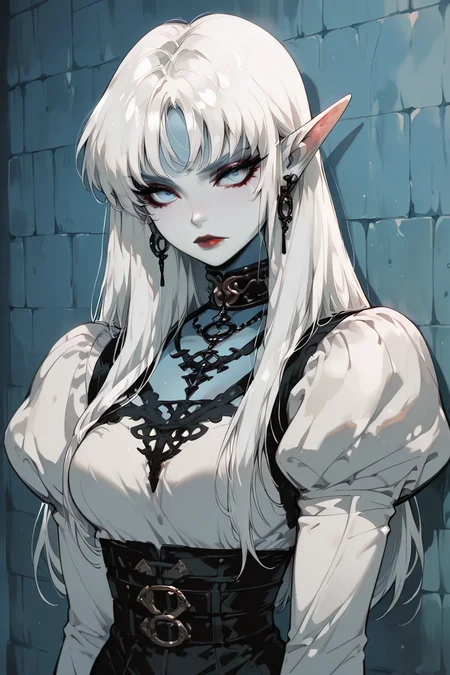 masterpiece, best quality, 1girl, solo, eyelashes, (beautiful eyes), 1girl, solo, long hair, breasts, looking at viewer, bangs, blue eyes, long sleeves, jewelry, closed mouth, upper body, white hair, earrings, choker, pointy ears, puffy sleeves, belt, necklace, collar, colored skin, lipstick, juliet sleeves, elf, wall, long hair, looking at viewer, blue eyes, long sleeves, closed mouth, upper body, white hair, pointy ears, puffy sleeves, colored skin, red lips ,<lora:GothRetroIXL:1.0>,