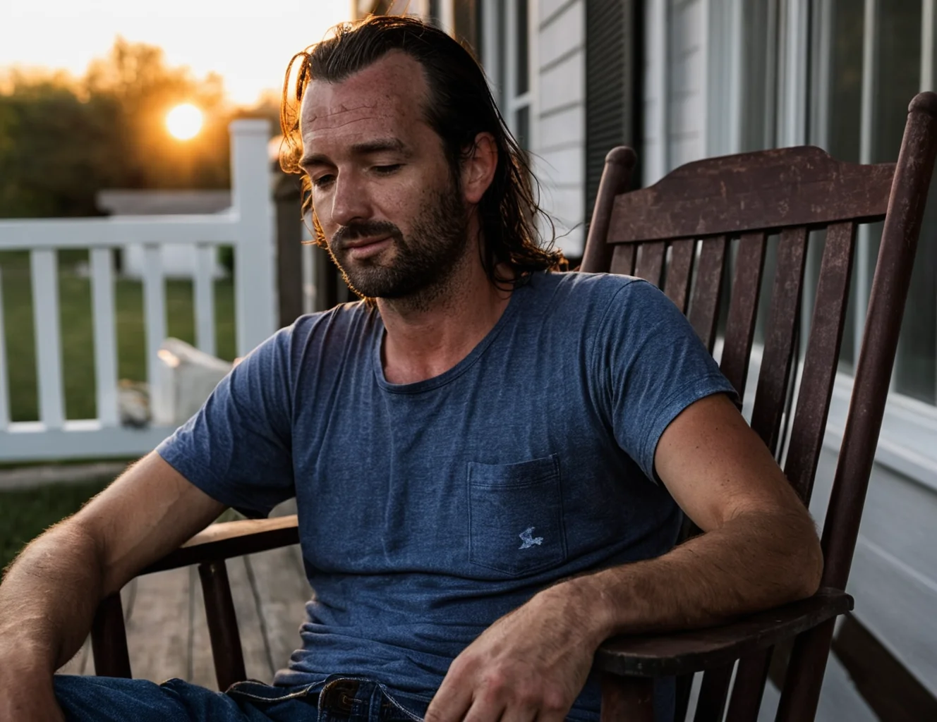 score_9, score_8_up, score_7_up, Close Up, Realism, Realistic, Half Body Shot, Imperfect, Working man, farmhand, dirty, at home, exhausted hyperdetailed photography, soft light, relaxing on his front porch, enjoying the sunset, in a rocking chair,
<lora:HandFineTuning_XL:1> <lora:fix_hands:1>