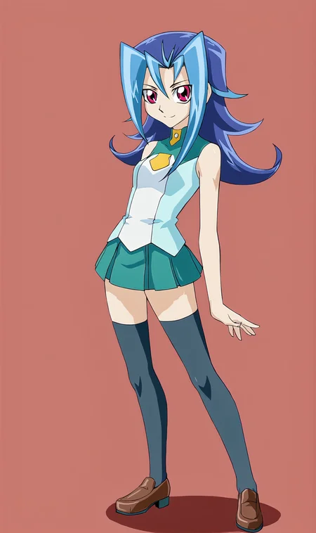 RK, 1girl, solo, blue hair, long hair, red eyes, school uniform, green short skirt, thighhighs, loafers, standing, full body, smile, looking at viewer, red background, simple background, <lora:Rio Kastle Pony XL:1>