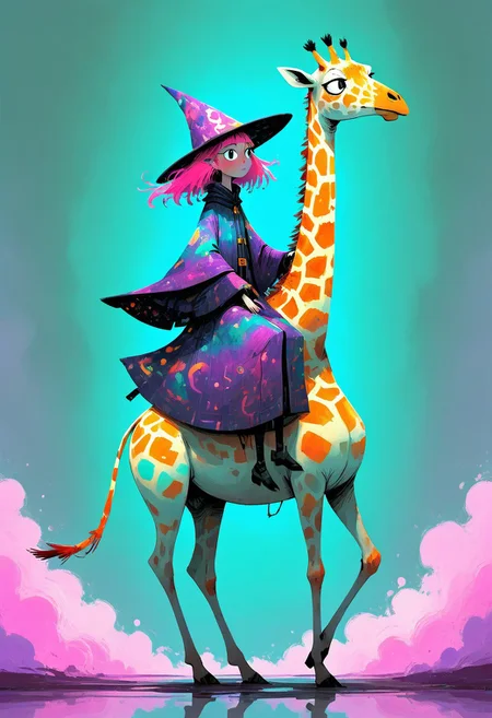 WackyScratchDaal ,   A mirror witch, whose entire body reflects other realities, riding on the back of a giraffe. Each reflection in her cloak shows a different magical micro-world. The art style channels vaporwave colors, glitchcore aesthetics, and folklore design all in one.