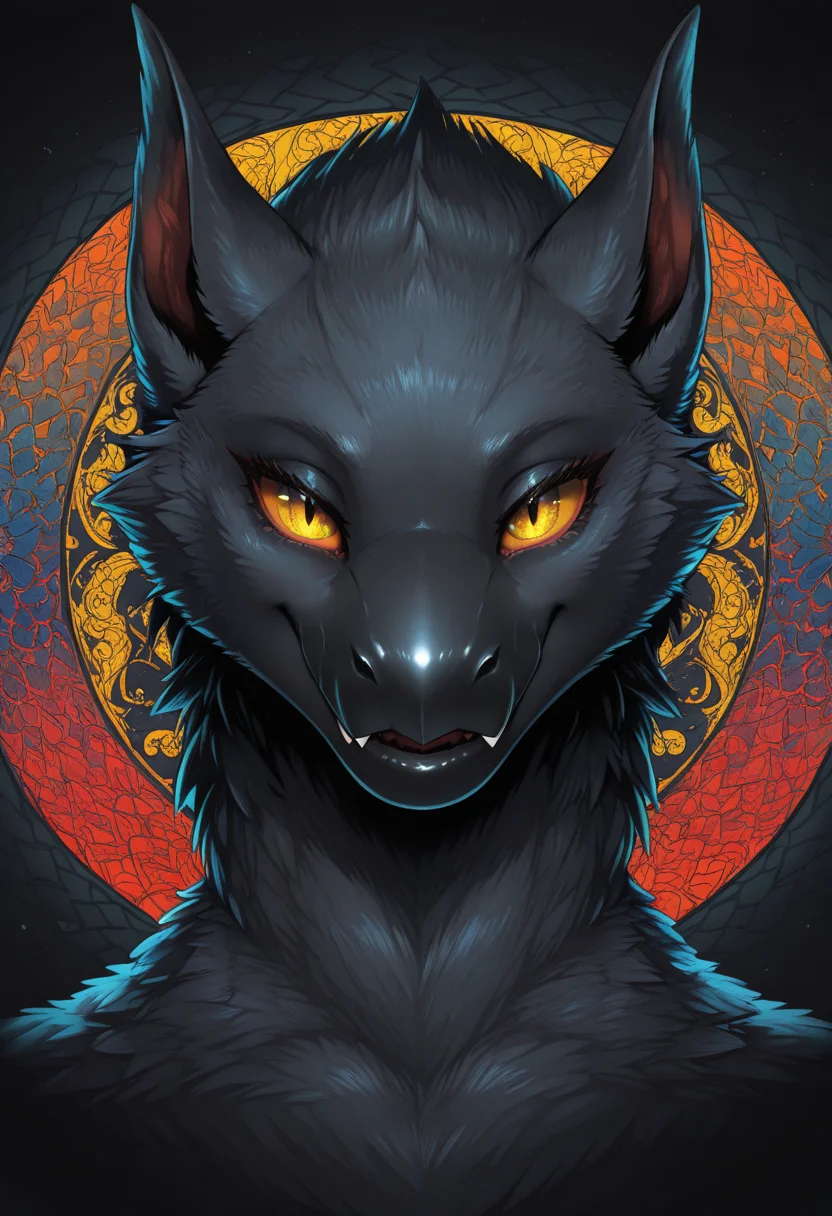 Graphic Design, color art, vibrant colors, colorful, intricate details, high contrast, detailed background, beautiful detailed, beautiful face, detailed eyes, detailed face, new, n4rg4cug4, 1girl, solo, furry, anthro, dragon, yellow sclera, black fur, fangs, portrait, looking at viewer, smile, (masterpiece, best quality, newest, recent, absurdres),
