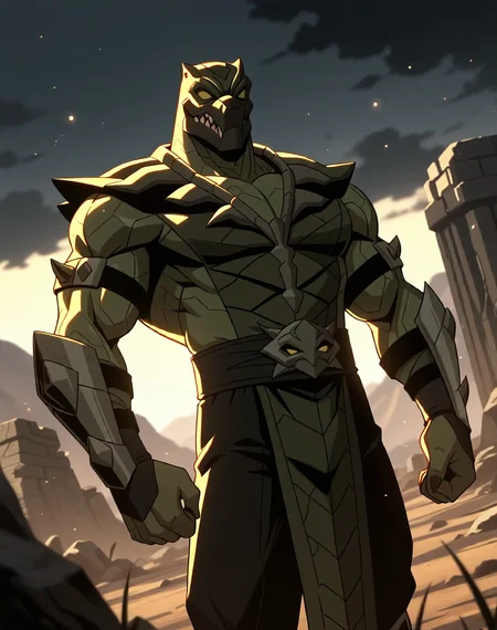 <lora:Reptile_(Mortal_Kombat_Legends_Scorpion's_Revenge)_(Illustrious)_(AD):0.85> Reptile_MK, muscular, Mortal Kombat,
dutch angle, exterior, monumental architecture, wasteland, dark night sky with black clouds, mountains, ancient Asian stone ruins,
male focus, gradient coloring, villain, cowboy shot,
BREAK very awe, aesthetically pleasing, masterpiece, best quality, amazing quality, very aesthetic, perfect depth of field shot, in'ei, source_furry, furry_art,
Smooth Quality, lazympos, IllustQualXL_Pos,