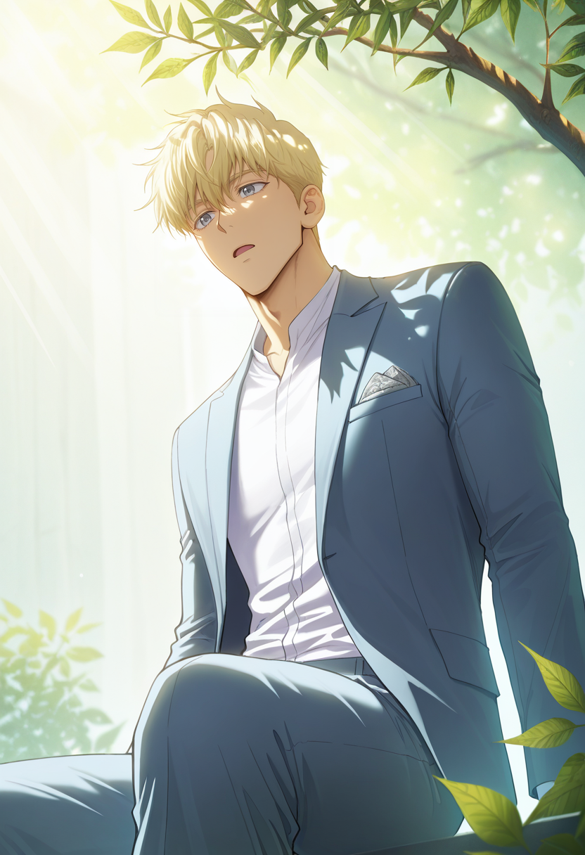masterpiece, best quality, amazing quality,high resolution, intricate details,official style , , , 1boy, solo, male focus, <lora:Noah_Luire:0.73>, noah luire,blonde hair,grey eyes,short hair,open mouth, shirt, long sleeves, sitting, jacket, white shirt, pants, leaf, sunlight, formal, suit, branch,from below