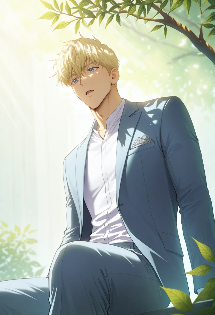 masterpiece, best quality, amazing quality,high resolution, intricate details,official style , , , 1boy, solo, male focus, <lora:Noah_Luire:0.73>, noah luire,blonde hair,grey eyes,short hair,open mouth, shirt, long sleeves, sitting, jacket, white shirt, pants, leaf, sunlight, formal, suit, branch,from below