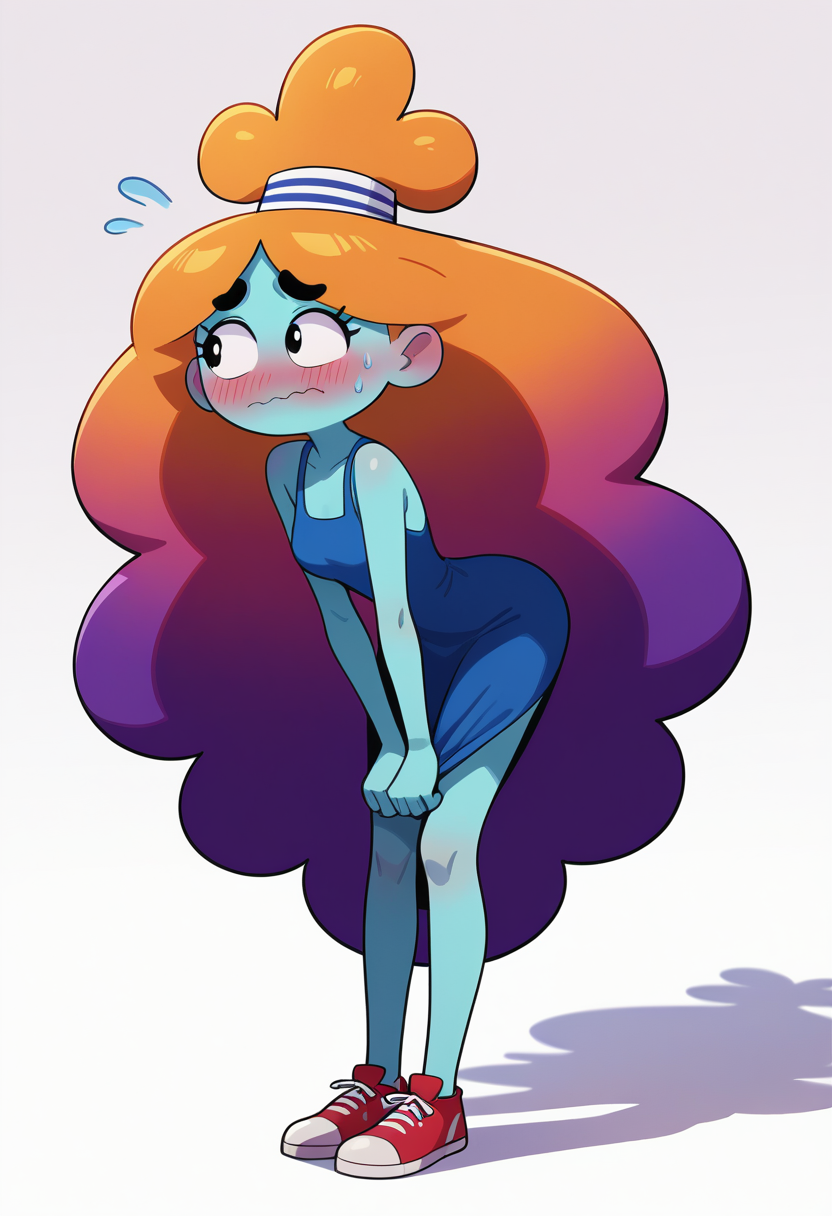 score_9, score_8_up, score_7_up, score_6_up,
masterpiece, best quality, absurdes, 1girl, solo, full body,
(source cartoon),
<lora:Rachel Wilson (AWOG) (Pony):0.9>
Rachel_Wilson_AWOG, aqua skin, colored skin, hair tie, striped headwear, multicolored hair, gradient hair, yellow hair, orange hair, violet hair, long hair, no nose, thick eyebrows, black eyebrows, standing, facing viewer, dress, blush, shy, thick eyebrows, dot eyebrows, white background, simple background, looking away, looking to the side, very long hair, red hair, shoes, sweatdrop, embarrassed, flying sweatdrops, wavy mouth, blue skin, dress tug, sneakers, blue dress, leaning over, bent over,
3/4 angle, shadow, sleeveless, eyes open,
<lora:add-detail-xl:0.9>