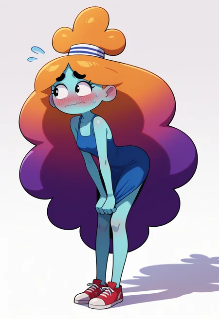 score_9, score_8_up, score_7_up, score_6_up,
masterpiece, best quality, absurdes, 1girl, solo, full body,
(source cartoon),
<lora:Rachel Wilson (AWOG) (Pony):0.9>
Rachel_Wilson_AWOG, aqua skin, colored skin, hair tie, striped headwear, multicolored hair, gradient hair, yellow hair, orange hair, violet hair, long hair, no nose, thick eyebrows, black eyebrows, standing, facing viewer, dress, blush, shy, thick eyebrows, dot eyebrows, white background, simple background, looking away, looking to the side, very long hair, red hair, shoes, sweatdrop, embarrassed, flying sweatdrops, wavy mouth, blue skin, dress tug, sneakers, blue dress, leaning over, bent over,
3/4 angle, shadow, sleeveless, eyes open,
<lora:add-detail-xl:0.9>