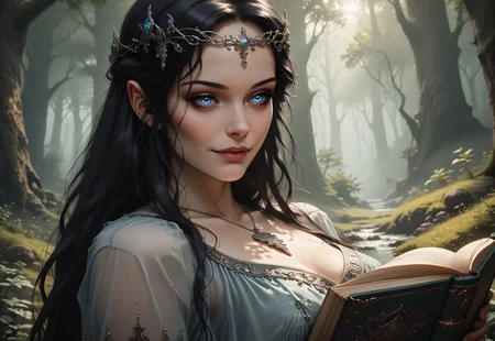 safe_pos, score_9, score_8_up, score_7_up, (1girl), 18 years old, sinozick style, Arwen_Undómiel, Arwen_(Lord_of_the_Rings), tolkien's_legendarium, tall, thin, sexy, lithe, graceful, Arwen, elf, Evenstar, evenstar_pendant, pendant, jewelry , circlet, jewelry, hair_ornament, blue eyes, black hair, long hair, sidelocks, sexy blue see-through gown, laying (against a tree) in a forest glade, reading a book, from below, detailed, realistic, detailed face, soft skin, subtle smile, medium breasts, sagging breasts, breasts apart, thigh gap, edge lighting, volumetric lighting, hyper resolution, perfect shadows, perfect lighting, beautiful, vivid colors, masterpiece, best quality, highly detailed, (medium distance), (dynamic pose),(lothlorien scenery, fantasy forest), rich, dynamic, immersive, 