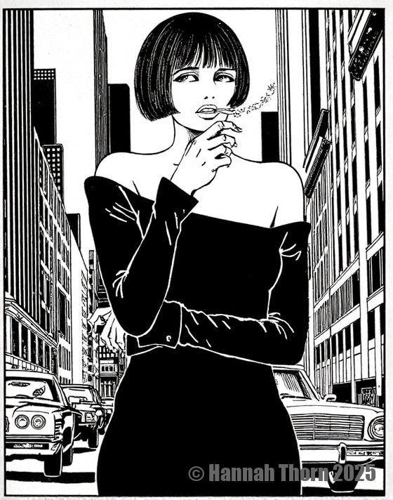 Create  a black and white portrait photograph, in the style of a graphic novel, reminiscent  of Annie Leibovitz's powerful portraits and the stark contrasts of a Robert  Capa war photograph.  The image features a confident woman, mid-twenties, with short, curly brown hair, wearing a black off-the-shoulder , long-sleeved dress.  She stands on a bustling city street, holding a cigarette with one hand on her hip, the other resting thoughtfully on her  chin, her gaze direct and serious.  The background is a blurred but detailed urban cityscape of tall buildings and cars, rendered with bold, expressive linework and chiaroscuro shading techniques à la Rembrandt, creating a strong sense of depth.  Employ a limited palette, focusing on stark contrasts and high contrast black and white, reminiscent of German Expressionist film noir, minimizing light effects to enhance the graphic quality.  The overall mood should be confident, slightly rebellious, and undeniably captivating.  <lora:_Flux\_Painting\Crepax_Valentina.safetensors:1.0:1.0>