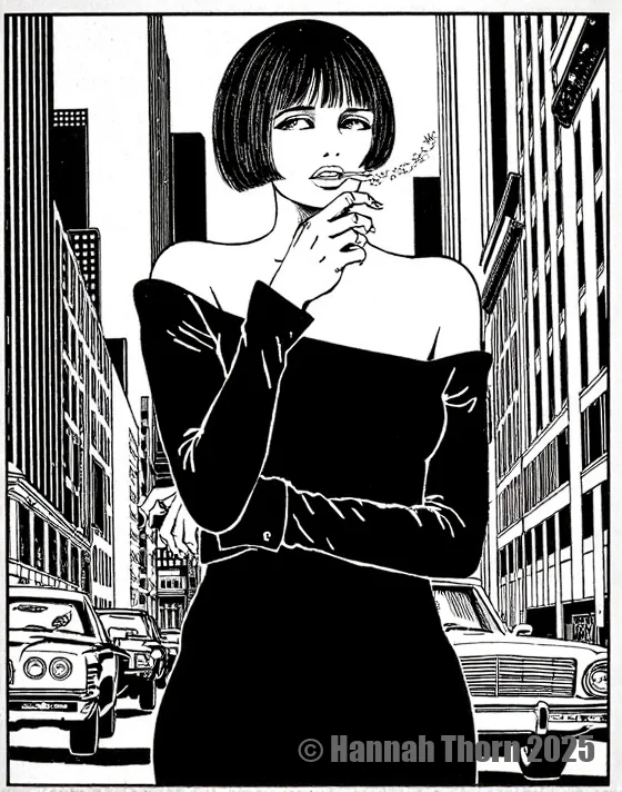 Create a black and white portrait photograph, in the style of a graphic novel, reminiscent of Annie Leibovitz's powerful portraits and the stark contrasts of a Robert Capa war photograph. The image features a confident woman, mid-twenties, with short, curly brown hair, wearing a black off-the-shoulder , long-sleeved dress. She stands on a bustling city street, holding a cigarette with one hand on her hip, the other resting thoughtfully on her chin, her gaze direct and serious. The background is a blurred but detailed urban cityscape of tall buildings and cars, rendered with bold, expressive linework and chiaroscuro shading techniques à la Rembrandt, creating a strong sense of depth. Employ a limited palette, focusing on stark contrasts and high contrast black and white, reminiscent of German Expressionist film noir, minimizing light effects to enhance the graphic quality. The overall mood should be confident, slightly rebellious, and undeniably captivating. <lora:_Flux\_Painting\Crepax_Valentina.safetensors:1.0:1.0>
