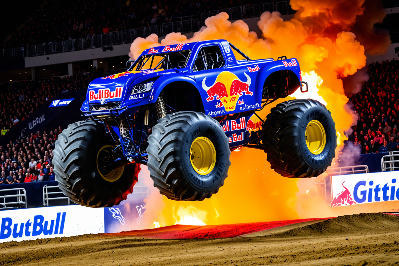 (Red Bull Monster Truck), Red Bull paintwork, Red Bull decals, Jumping through fire, Arena show, huge crowds in the stands, competition, motion effects, arena show lighting, view from stands, UHD,  painstaking attention to details