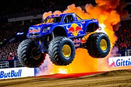 (Red Bull Monster Truck), Red Bull paintwork, Red Bull decals, Jumping through fire, Arena show, huge crowds in the stands, competition, motion effects, arena show lighting, view from stands, UHD,  painstaking attention to details