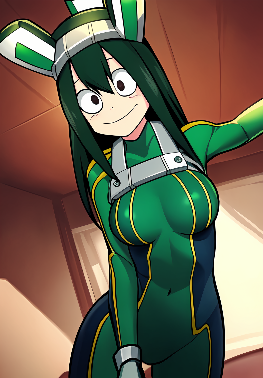 <lora:tsuyu_asui:0.8>, tsuyu_asui, (masterpiece, best quality,perfect lighting), 1girl, solo, smirk, action pose, bodysuit, headgear,