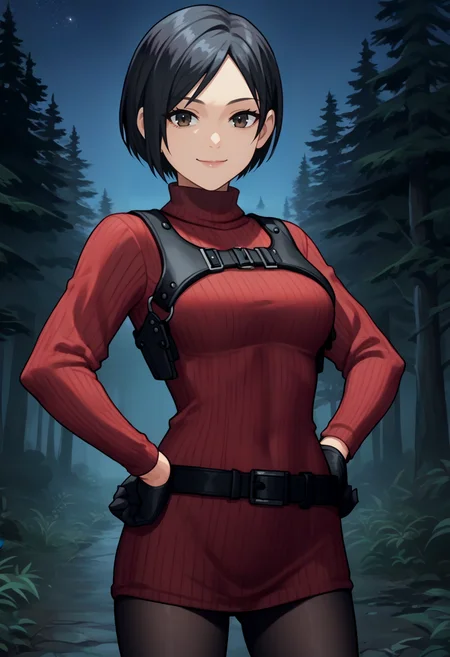 score_9, score_8_up, score_7_up, source_anime, anime screencap BREAK 1girl, solo, <lora:adawong-re-richy-v1_pdxl:1> adasweater, black hair, short hair, black eyes, red sweater, turtleneck, harness, pantyhose, black gloves, belt, smile, closed mouth, looking at viewer, cowboy shot, hands on hips, outdoors, dark, darkness, forest, night, night sky