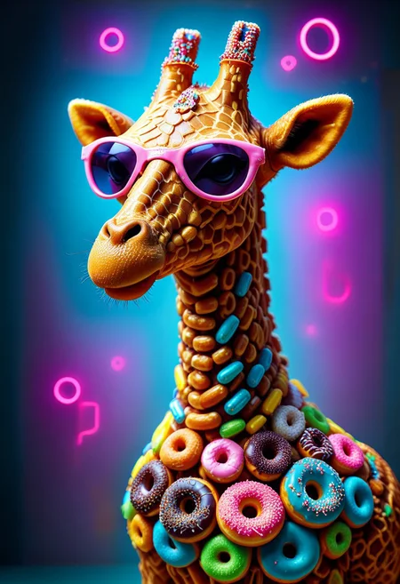 d0nu71f13d, An epic photo of a giraffe wearing sunglasses made of doughnuts, neon color, masterpiece, best quality, highly detailed, sharp focus, dynamic lighting, flux-style, mobe-cybideen