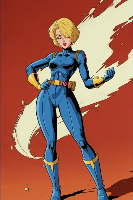 X-men TaS Style, 1girl, belt, blonde hair, blue bodysuit, bodysuit, boots, gloves, hair over one eye, lipstick, makeup, pilot suit, retro artstyle, short hair, solo, uniform, <lora:XmenStyle:0.8>