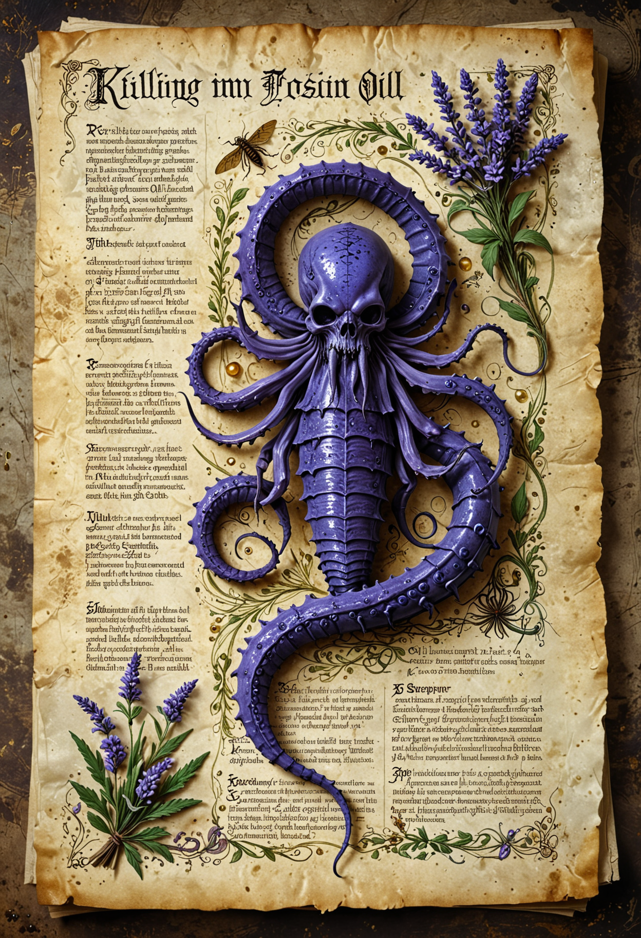 An illustrated medieval recipe of a "killing poison" made with ingredients including: (Needle, tentacle, scorpion tail, Lavender oil, Jasmine oil, Pearl Dust), text is Old English and Gothic, parchment page, intricate details, muted colors, high resolution, best quality, fantasy vibe
<lora:EpicF4nta5yXL:0.8>
<lora:add-detail-xl:1>
<lora:WildcardX-XL-Detail-Enhancer:1>
<lora:MJ52:0.375>
<lora:CinematicStyle_v1:0.42>
