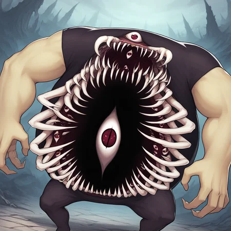 extra mouth and eye on stomach, many fangs on stomach,monster,1boy,