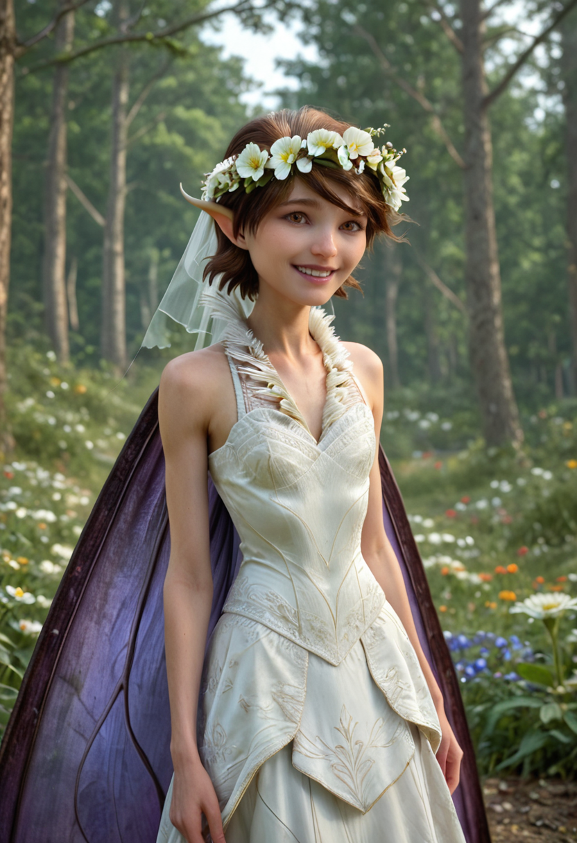 score_9, score_8_up, score_7_up,score_6_up,BREAK
1girl,<lora:Marianne:1> marianne, brown hair, brown eyes, fairy, pixie, short hair, pointy ears,  butterfly wings, purple wings,  wedding dress, flower crown, slight smile
solo,thin body,, standing on her from, full body view, in forest, petite body, skinny , , bellybutton ,(arched back), random pose, random_pose
, Expressiveh, concept art,, best quality,(hyperrealistic art:1.2) ,  
BREAK
extremely high-resolution details, photographic, (realism pushed to extreme:1.2), fine texture, (incredibly lifelike:1.2), (3d:1.2),  zPDXL3 <lora:Eyes_High_Definition:0.25> eyeshd
 <lora:Expressive_H:1> expressiveh