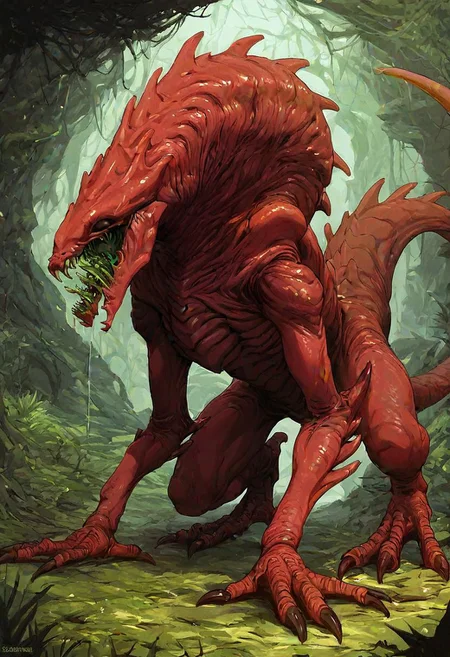 score_9, score_8_up, score_7_up, Expressiveh, oil painting, good shading, 1boy, solo, Alien, monstrous, huge black eyes, sharp fangs, claws, talons, spiky exoskeleton, huge black spikes, red skin, two toned skin, two toned exoskeleton, overflowing green saliva, huge lizard tail, exposed ribs, savage, nightmare theme, lush forest, tall trees, jungle, sprinting on all fours, motion lines:1.0