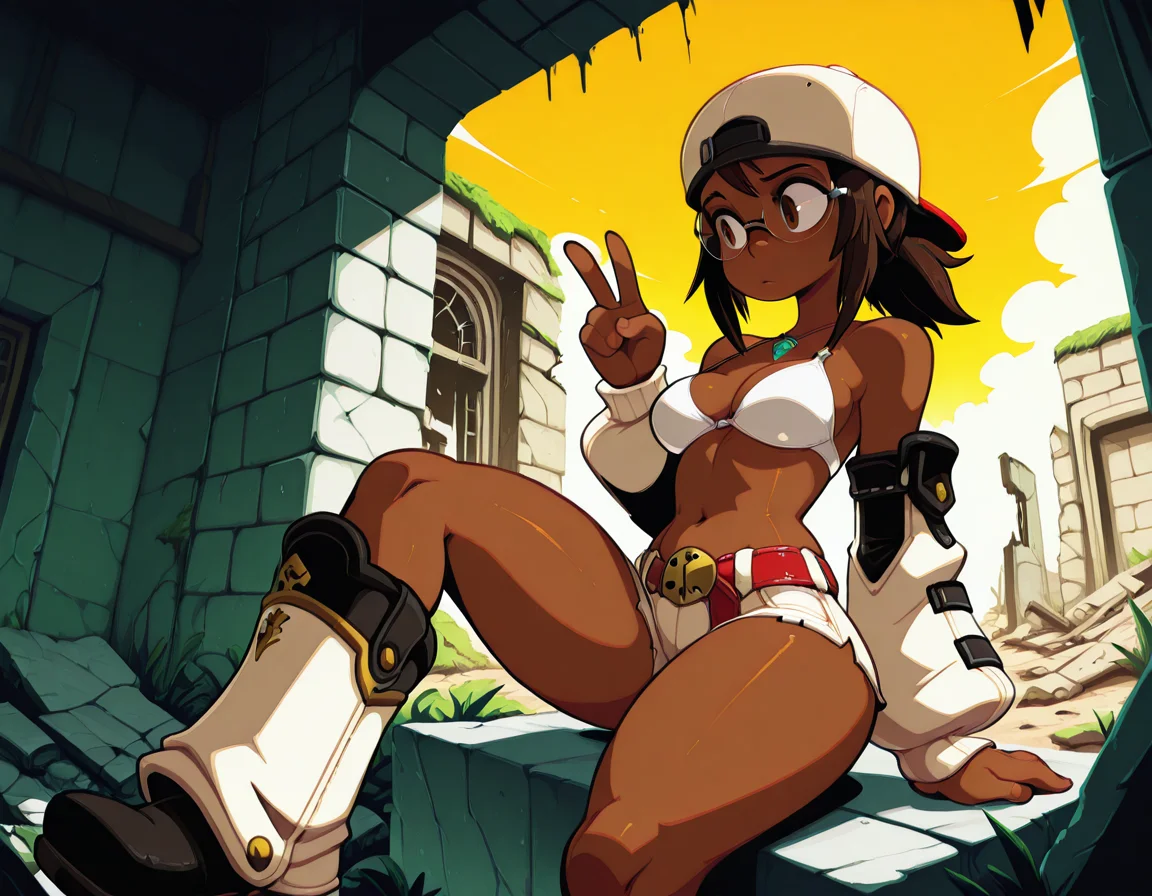 aijalon, aija_bikini_top, white bikini top, aija_backward_cap, aija_detached_sleeves, aija_shorts, aija_accessories, aija_belt, aija_boots, necklace, glasses, brown eyes, solo, peace sign, ruins, (vivid high contrast colors), short cartoony simplistic art style mix, wakfu, (speedoru:0.6), (diives:0.7),
<lora:Aijalon_Anitoon:1> <lora:Aijalon_FFXIV_OC_Solution_9_WHM:0.7>