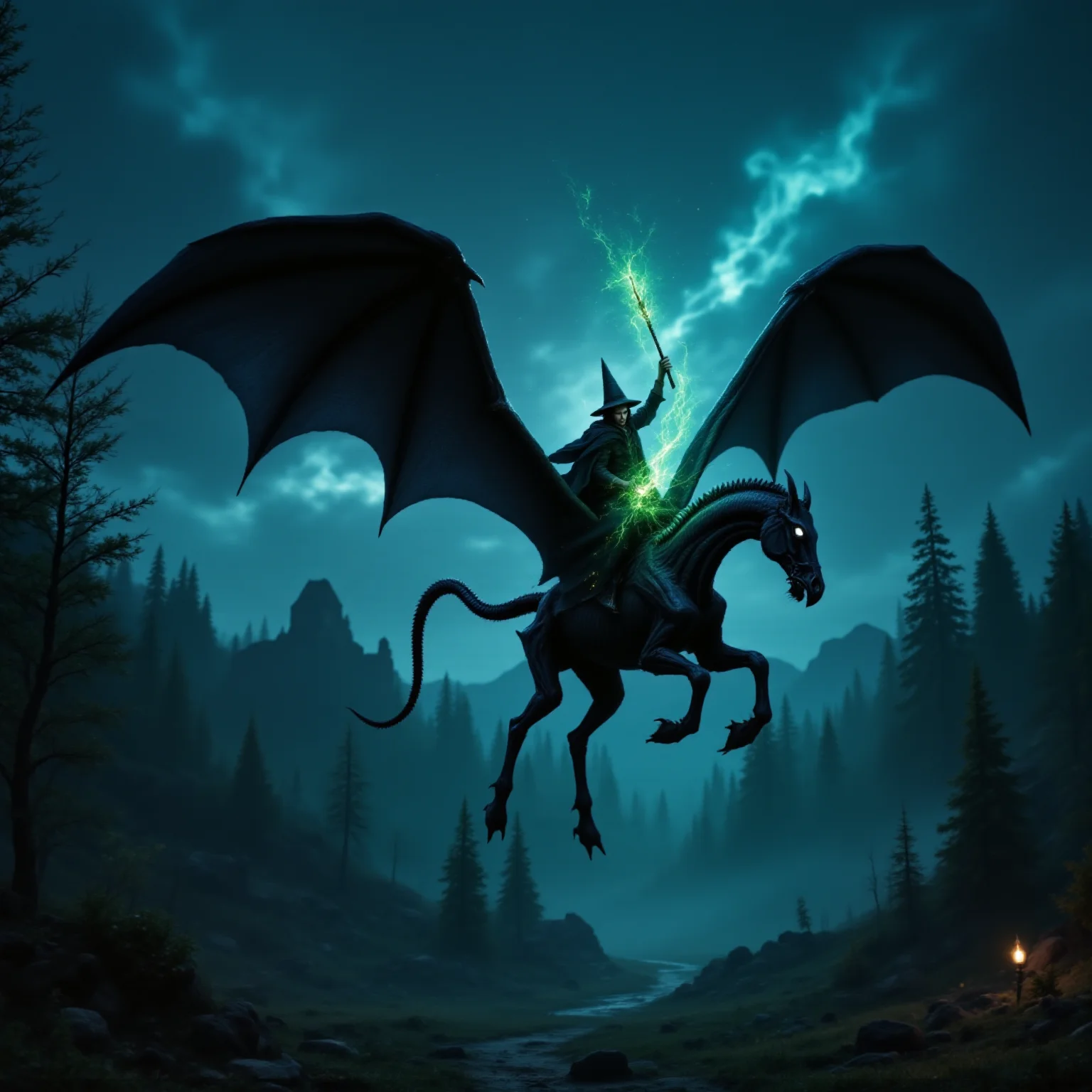 a real photo of a big skeletal th3str4l creature is flying with wide spread wings over a midnight woodland landscape, the black four-legged horse-like th3str4l creature is looking at the viewer with its white hollow eyes, the creatures bat-like wings are wide spread. One dark wizard is riding on the creature, the wizard is wearing a pointy hat and a black cloak, the wizard is holding a magic wand in his hand from the wand a green beam of light is shooting out, she light beam is fuzzy and is spreading wide
The picture was taken at the time of midnight. This image is highly detailed a flawless photo.  <lora:th3str4lV1_FLUXD:1> <lora:aidmaFLuxPro1.1_v0.3:1>