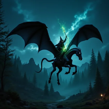 a real photo of a big skeletal th3str4l creature is flying with wide spread wings over a midnight woodland landscape, the black four-legged horse-like th3str4l creature is looking at the viewer with its white hollow eyes, the creatures bat-like wings are wide spread. One dark wizard is riding on the creature, the wizard is wearing a pointy hat and a black cloak, the wizard is holding a magic wand in his hand from the wand a green beam of light is shooting out, she light beam is fuzzy and is spreading wide
The picture was taken at the time of midnight. This image is highly detailed a flawless photo.  <lora:th3str4lV1_FLUXD:1> <lora:aidmaFLuxPro1.1_v0.3:1>