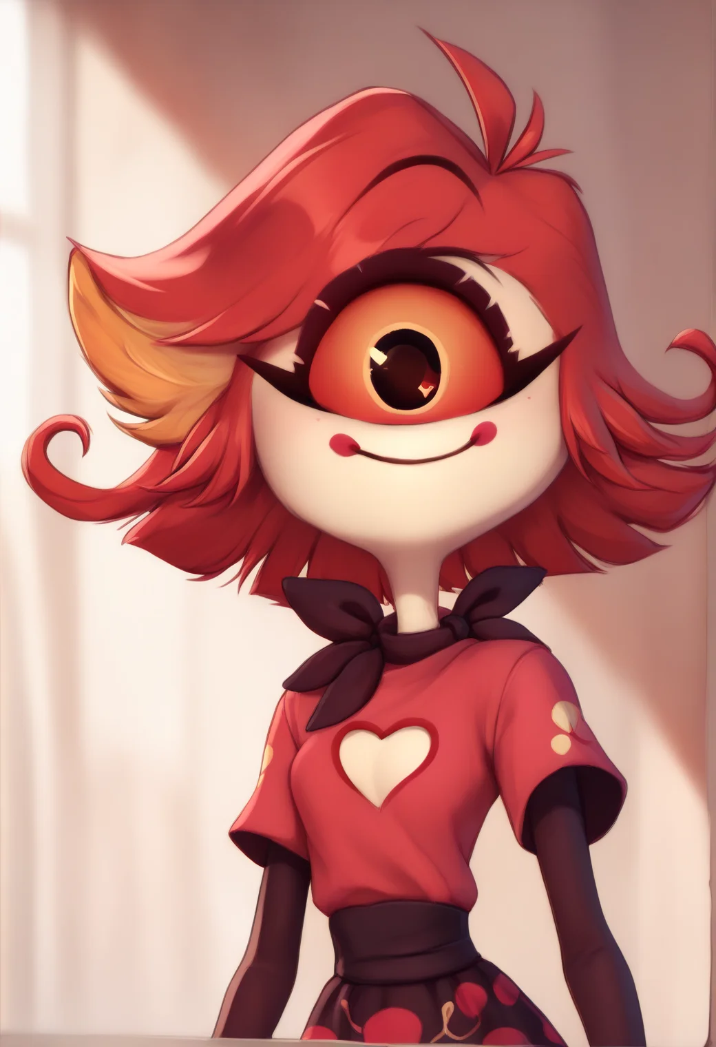 <lora:hazbin_hotel_ponyxl_v2-000025:0.9>, niffty, cyclops, solo, 1girl, standing, smile, heart cutout, closed mouth,
BREAK
score_9, score_8_up, score_7_up, score_6_up, <lora:PersonalAmi_PonyXL_resize:1>