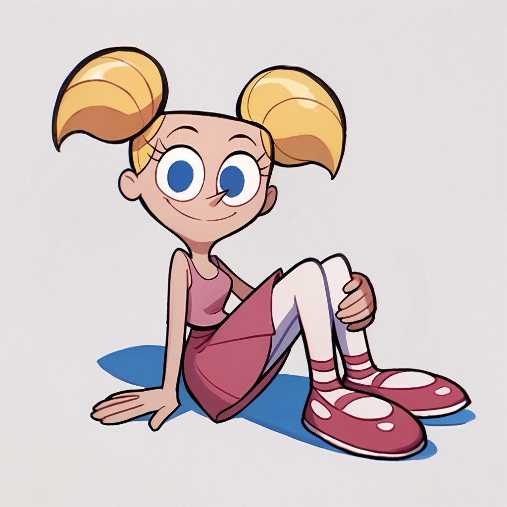 score_9, score_8_up, score_7_up BREAK DeeDeeDL, 1girl, blonde pigtails, blue eyes, pink tank top, pink skirt, white tights, pink ballet shoes, smiling at viewer, solo, solo focus,