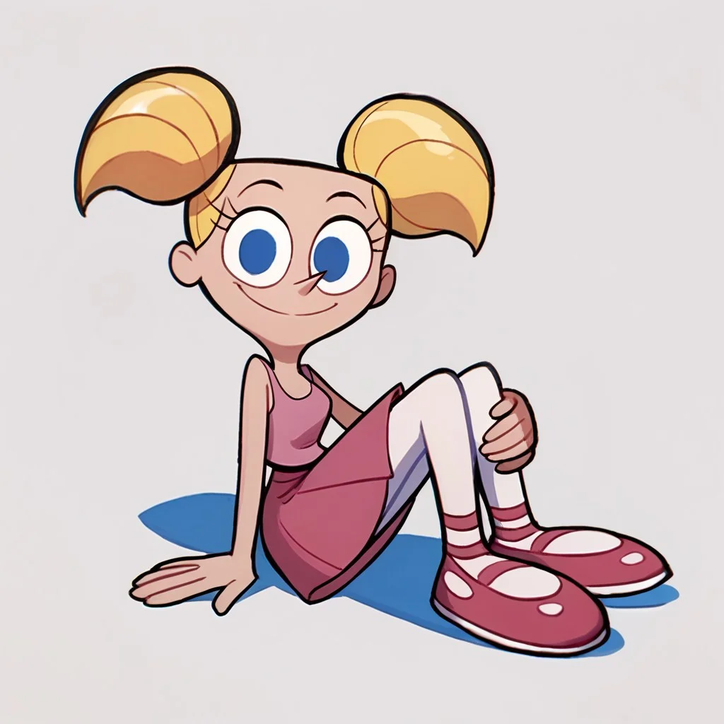score_9, score_8_up, score_7_up BREAK DeeDeeDL, 1girl, blonde pigtails, blue eyes, pink tank top, pink skirt, white tights, pink ballet shoes, smiling at viewer, solo, solo focus,