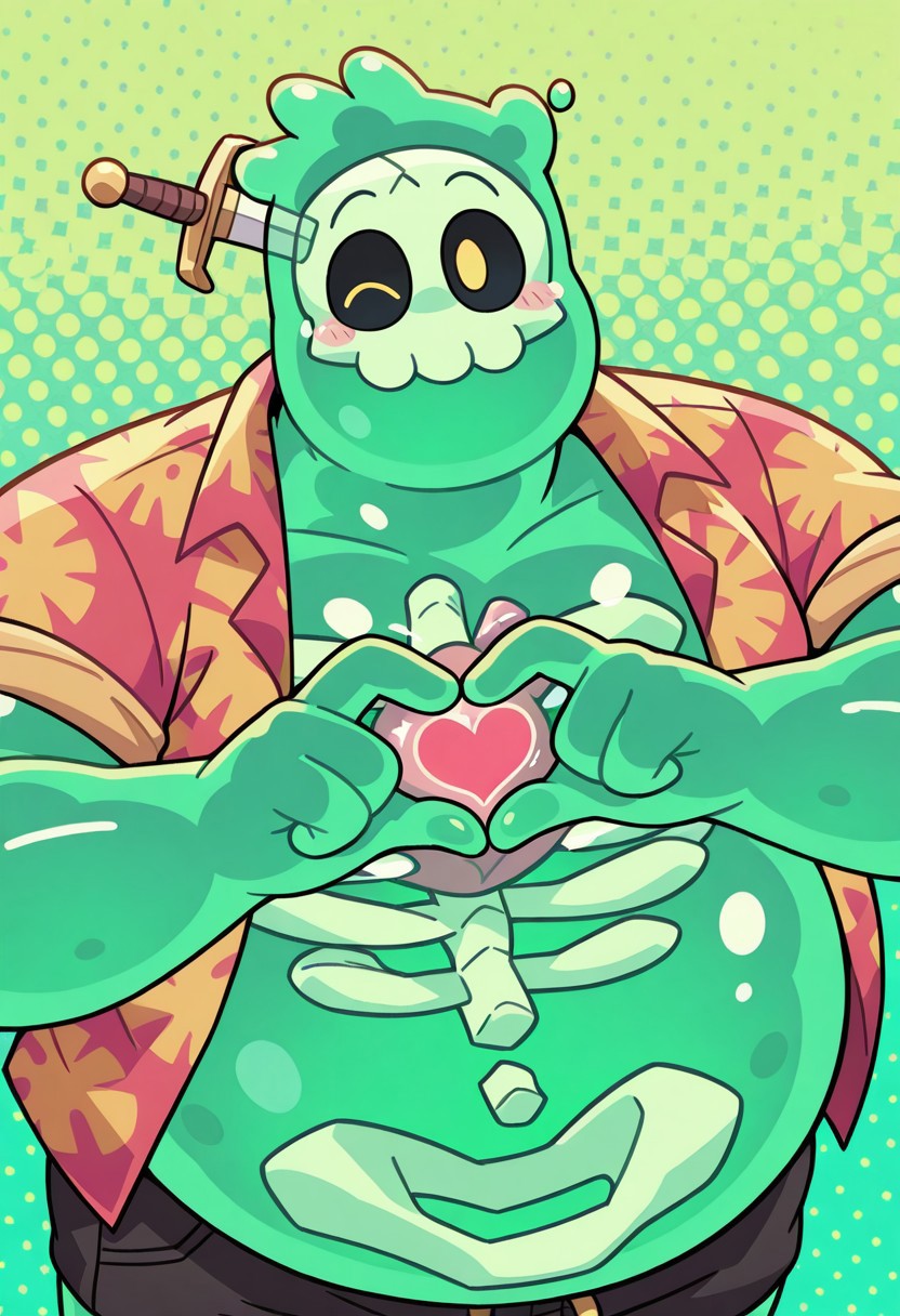 D0ug, green background, detail background, 1boy, solo, cartoon, male, jelly-like creature, humanoid, translucent body, gelatinous, green skin, black sclera, yellow dot eyes, head with skeletal features, skeletal skull visible inside the head, a sword sticking through the head, floating skeleton visible inside torso, fat, overweight, big belly, chubby, gelatinous green short hair, hawaiian shirt with red and yellow patterns, black shorts, brown flip flops, BREAK, heart hands, winking, looking at viewer, one eye closed, from above, looking up, upper body, face focus, smile