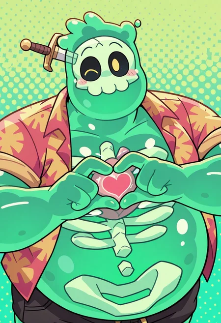 D0ug, green background, detail background, 1boy, solo, cartoon, male, jelly-like creature, humanoid, translucent body, gelatinous, green skin, black sclera, yellow dot eyes, head with skeletal features, skeletal skull visible inside the head, a sword sticking through the head, floating skeleton visible inside torso, fat, overweight, big belly, chubby, gelatinous green short hair, hawaiian shirt with red and yellow patterns, black shorts, brown flip flops, BREAK, heart hands, winking, looking at viewer, one eye closed, from above, looking up, upper body, face focus, smile