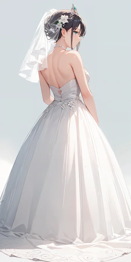 score_9, score_8_up, score_7_up,source_anime, high res image,masterpiece,best quality,adult woman,cute face,clear skin,shiny hair,ultra detailed eyes,simple background, <lora:wedding dress_pony_V1.1:0.8> wedding dress, flower,from behind