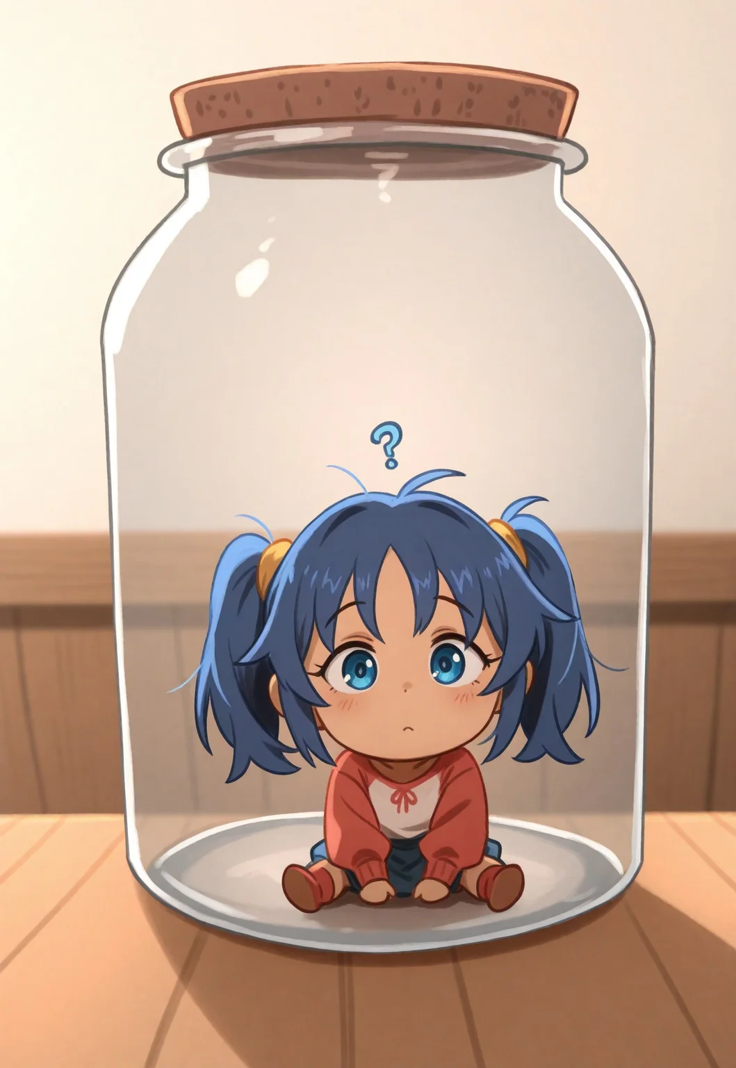 masterpiece, newest, absurdres, safe, masterpiece, best quality, newest, highres, absurdres, 1girl, chibi mita, chibi, blue hair, blue eyes, mini girl, sitting in the jar, twintails, question mark, confused, khyle