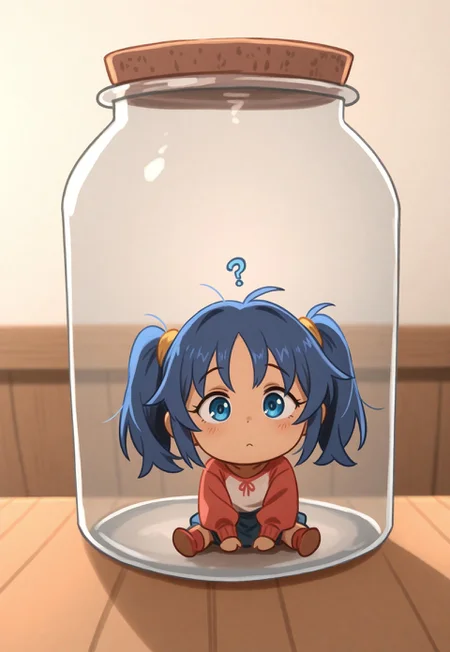  masterpiece, newest, absurdres, safe, masterpiece, best quality, newest, highres, absurdres, 1girl, chibi mita, chibi, blue hair, blue eyes, mini girl, sitting in the jar, twintails, question mark, confused, khyle