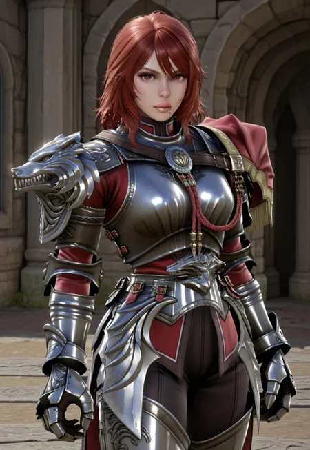 masterpiece, best quality, realistic cartoon, cowboy shot, 1girl, solo, scfourhilde, red hair, lips, mole, breastplate, armor, gauntlets, asymmetrical shoulder armor, greaves,