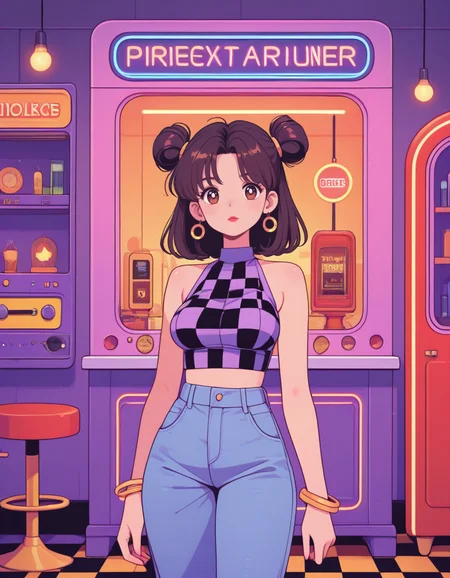 1girl, 20 year old, (medium breasts:1.2), upper body, portrait, perfect face, detailed eyes, (bold rockabilly) young woman, curvy build, extra long red double buns hair, indian, mocha skin, brown eyes, wearing a checkered crop top, cuffed jeans, retro sneakers, red lipstick, bangle bracelets, set in a 1950s diner, with checkered floors, red vinyl booths, neon lights, vintage jukebox, and classic bar stools, during sunset <lora:CuteIXL-style:1>