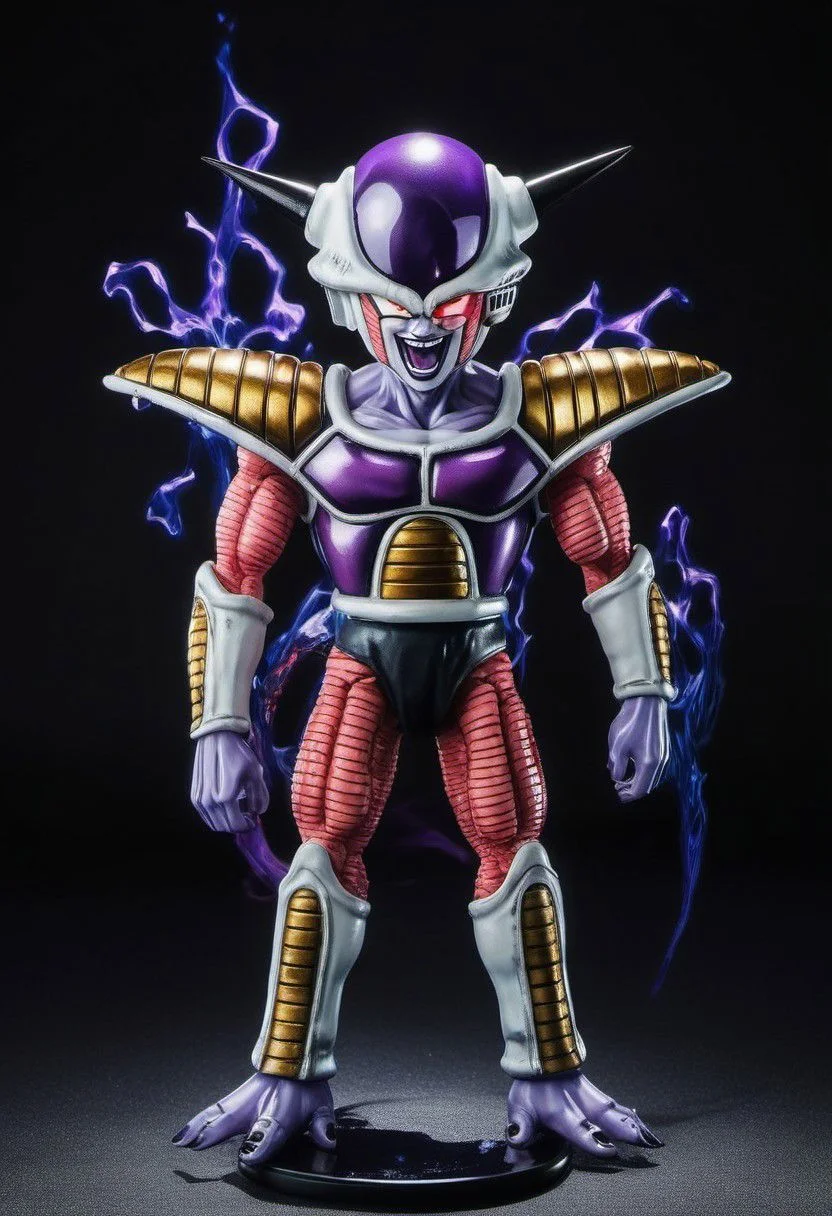 (best quality, masterpiece, detailed, highly detailed face) of a haunting scene with Freezer Armor Smile in a battle . Emphasize atmosphere, high contrast, and interplay of shadow and light, colorful