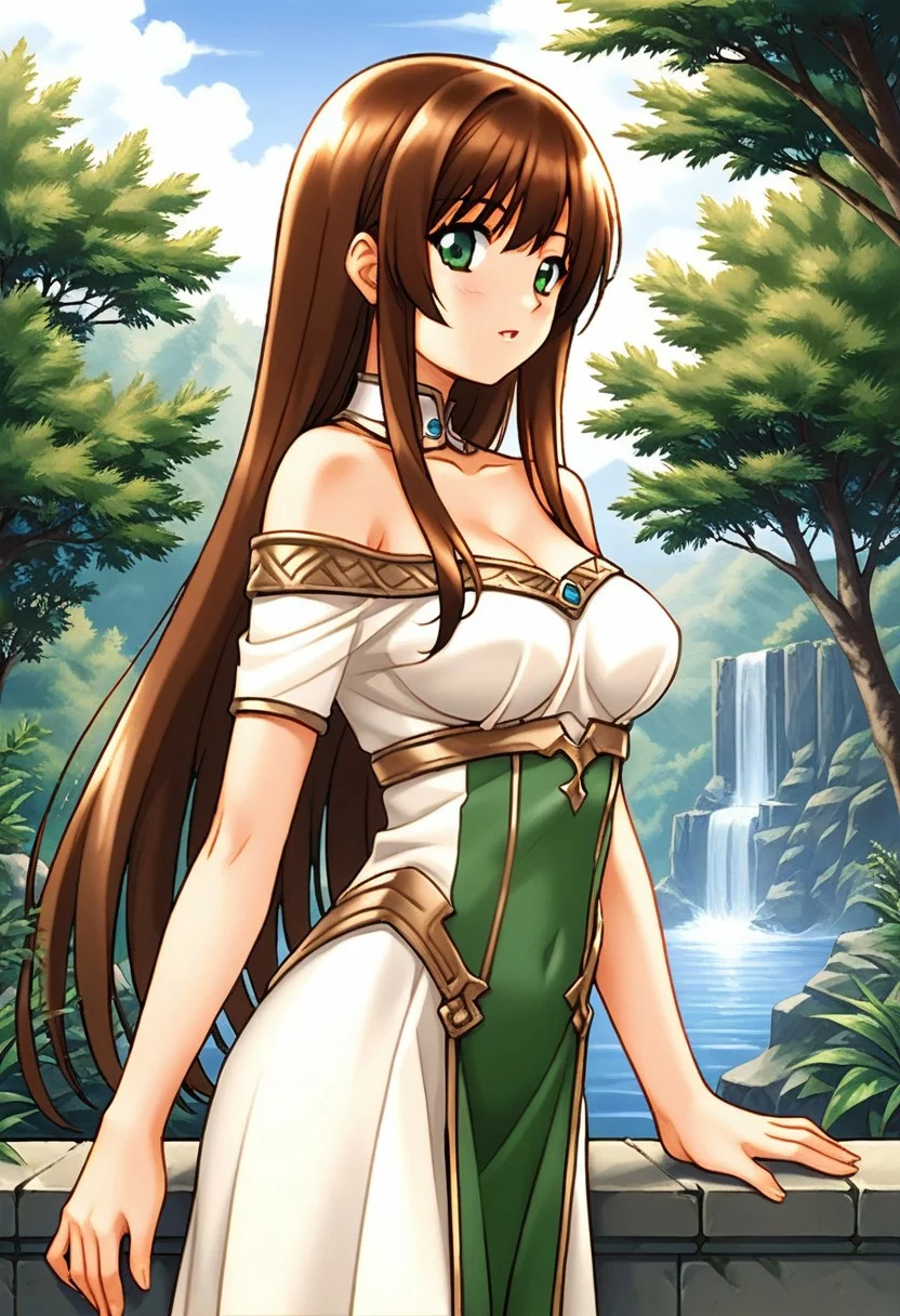 score 9, score 8 up, source anime, masterpiece, best quality, detailed eyes, detailed face, 1girl, solo, outdoors,
cellkkr, green eyes, brown hair, long hair, bangs, medium breasts