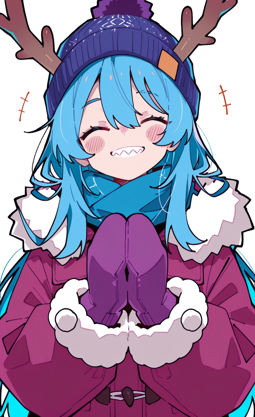 masterpiece, best quality, good quality, newest, highres, absurdres, 1girl, solo, long hair, blush, smile, simple background, long sleeves, white background, hat, hair between eyes, blue hair, upper body, closed eyes, horns, teeth, grin, scarf, coat, fur trim, ^ ^, own hands together, sharp teeth, facing viewer, blue headwear, pom pom \(clothes\), beanie, winter clothes, antlers, mittens, purple gloves, blue scarf, Flat vector illustrationï¼
10F0UR_style, (oharu-chan:0.85), (shimashiro itsuki:1.2), <lora:illustriousXL_stabilizer_v1.23:0.3> <lora:NOOB_vp1_detailer_by_volnovik_v1:0.3> <lora:ponyv6_noobE11_2_adamW-000017:0.45> <lora:checkpoint-e18_s306:1.2> <lora:10F0UR_illu:0.65>