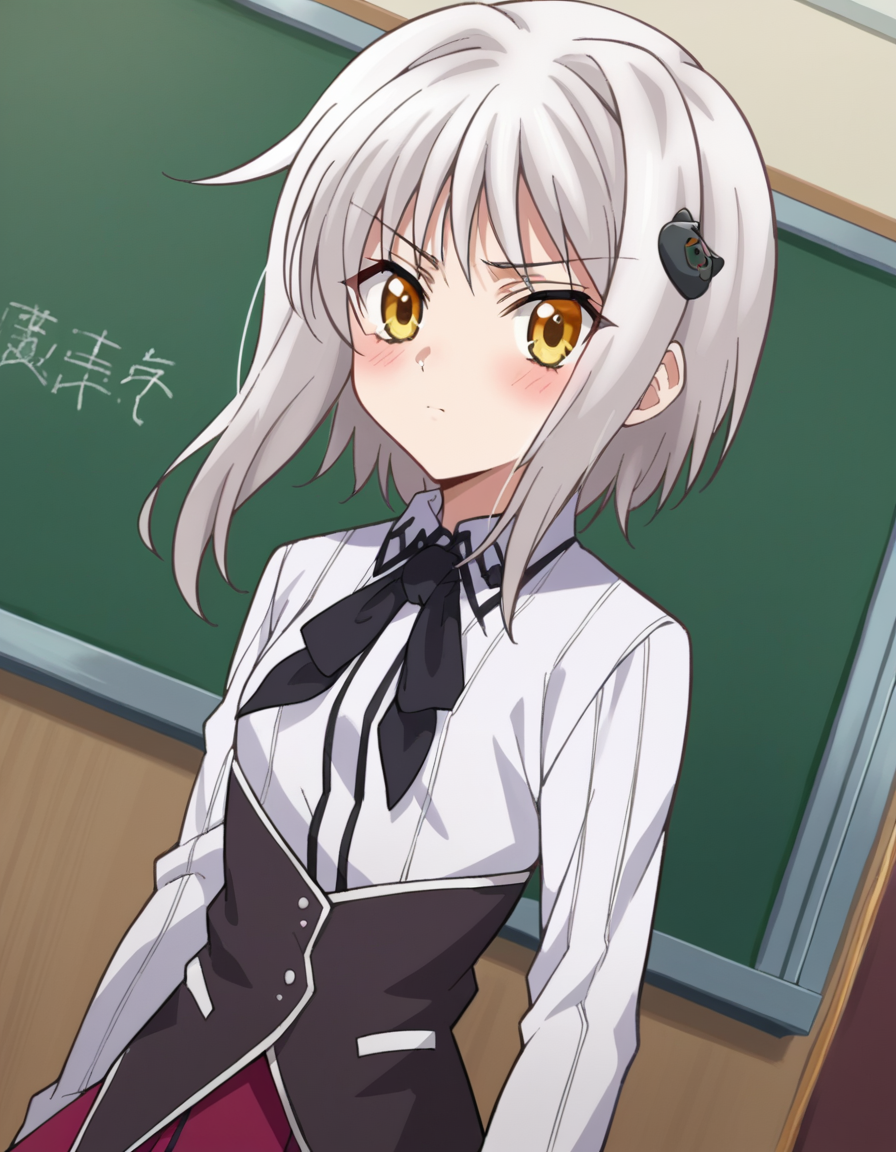 score_9, score_8_up, score_7_up, source_anime,
konekotoujou, <lora:koneko-toujou-ponyxl-lora-nochekaiser:1>,
koneko toujou, short hair, hair ornament, yellow eyes, white hair, blush,
skirt, school uniform, shirt, white shirt, collared shirt, neckerchief, black neckerchief, long sleeves, red skirt,
indoors, classroom,
looking at viewer, dutch angle, cowboy shot,
