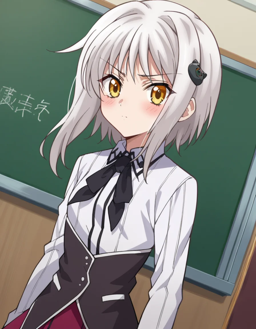 score_9, score_8_up, score_7_up, source_anime,
konekotoujou, <lora:koneko-toujou-ponyxl-lora-nochekaiser:1>,
koneko toujou, short hair, hair ornament, yellow eyes, white hair, blush,
skirt, school uniform, shirt, white shirt, collared shirt, neckerchief, black neckerchief, long sleeves, red skirt,
indoors, classroom,
looking at viewer, dutch angle, cowboy shot,