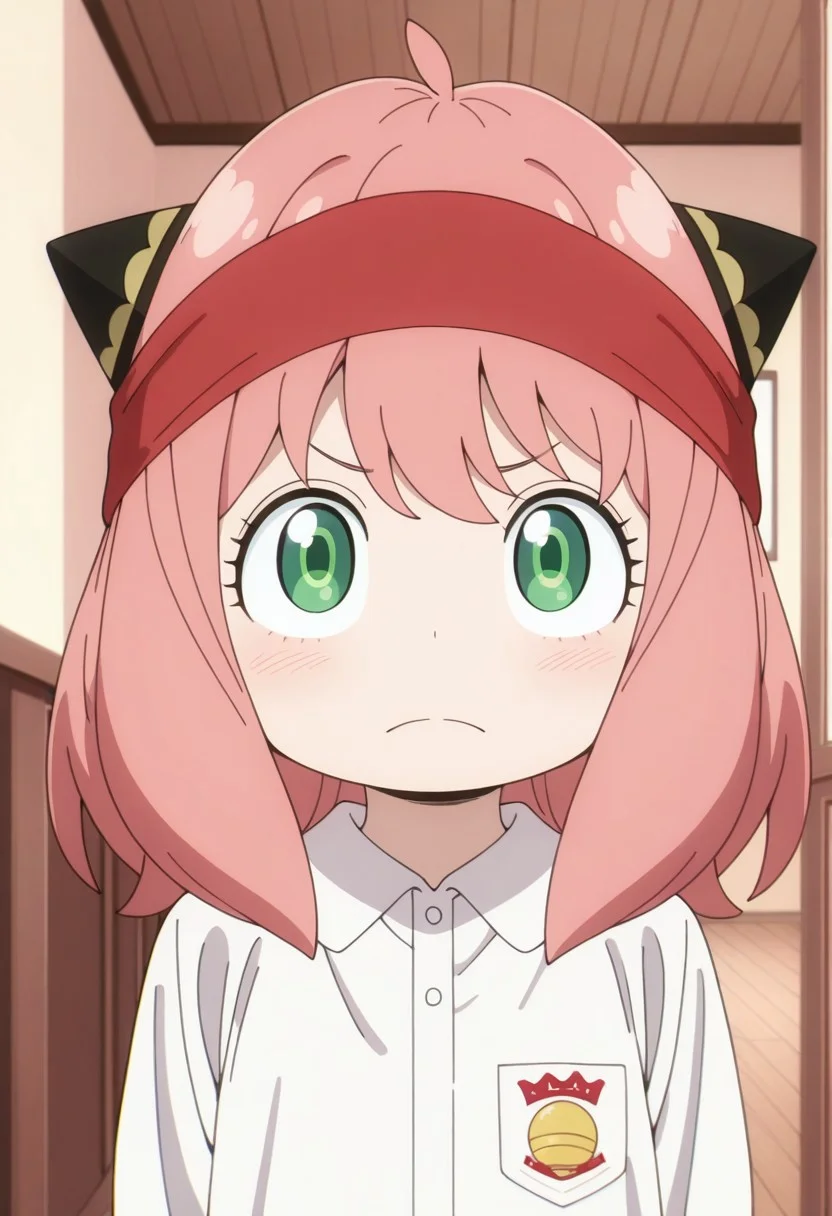 masterpiece,best quality,amazing quality, anya forger, pink hair, female child, child, green eyes, medium hair, 1girl, solo, frown, shirt, red headband, white shirt, looking at viewer, closed mouth, indoors, collared shirt
