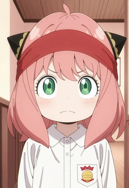 masterpiece,best quality,amazing quality, anya forger, pink hair, female child, child, green eyes, medium hair, 1girl, solo, frown, shirt, red headband, white shirt, looking at viewer, closed mouth, indoors, collared shirt