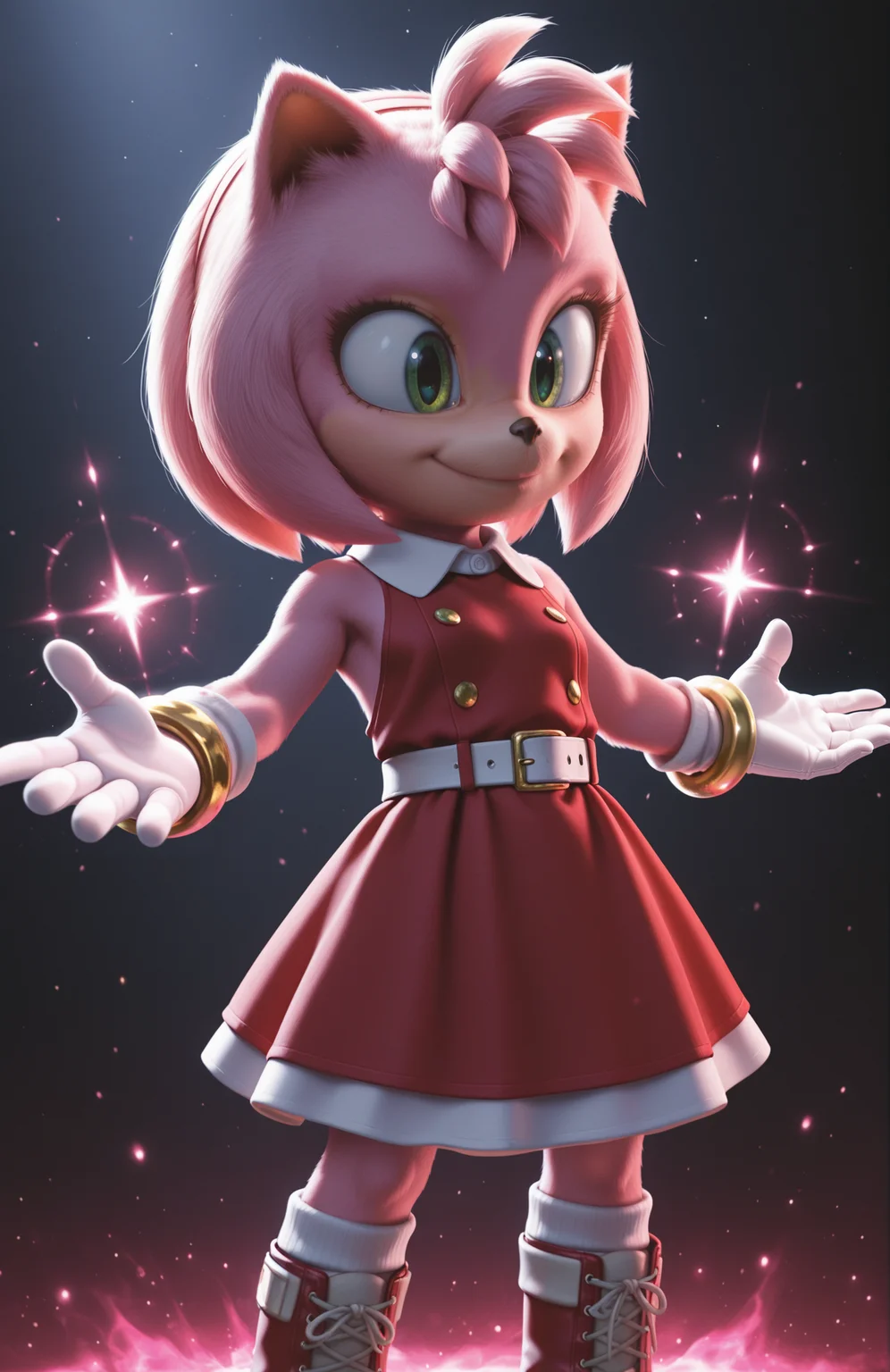 1girl, solo, full body, no humans, lazypos,
<lora:Movie-Amy_v4-30:1> movieamy, petite, short legs, animal nose, pink fur, green eyes,
standing, arms open wide, exuberant smile, delighted expression, radiant aura,
red hairband, red dress, sleeveless dress, backless outfit, white belt, collared dress, white socks, white gloves, standing, lace-up boots, red boots, gold bracelet