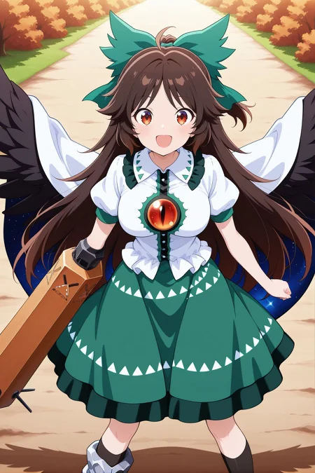 absurdres, highres, masterpiece, best quality, amazing quality, official anime artwork, screencap, anime screencap, outdoors, looking at viewer, light smile, dynamic pose, standing,
 <lora:Utsuho-Reiuji_IllustriousV2:1> reiuji utsuho, 1girl, solo, brown eyes, brown hair, long hair, ahoge, black wings, bird wings, third eye, breasts,, green bow, hair bow, white cape, white shirt, green skirt, puffy short sleeves, asymmetrical footwear, arm cannon, :d,