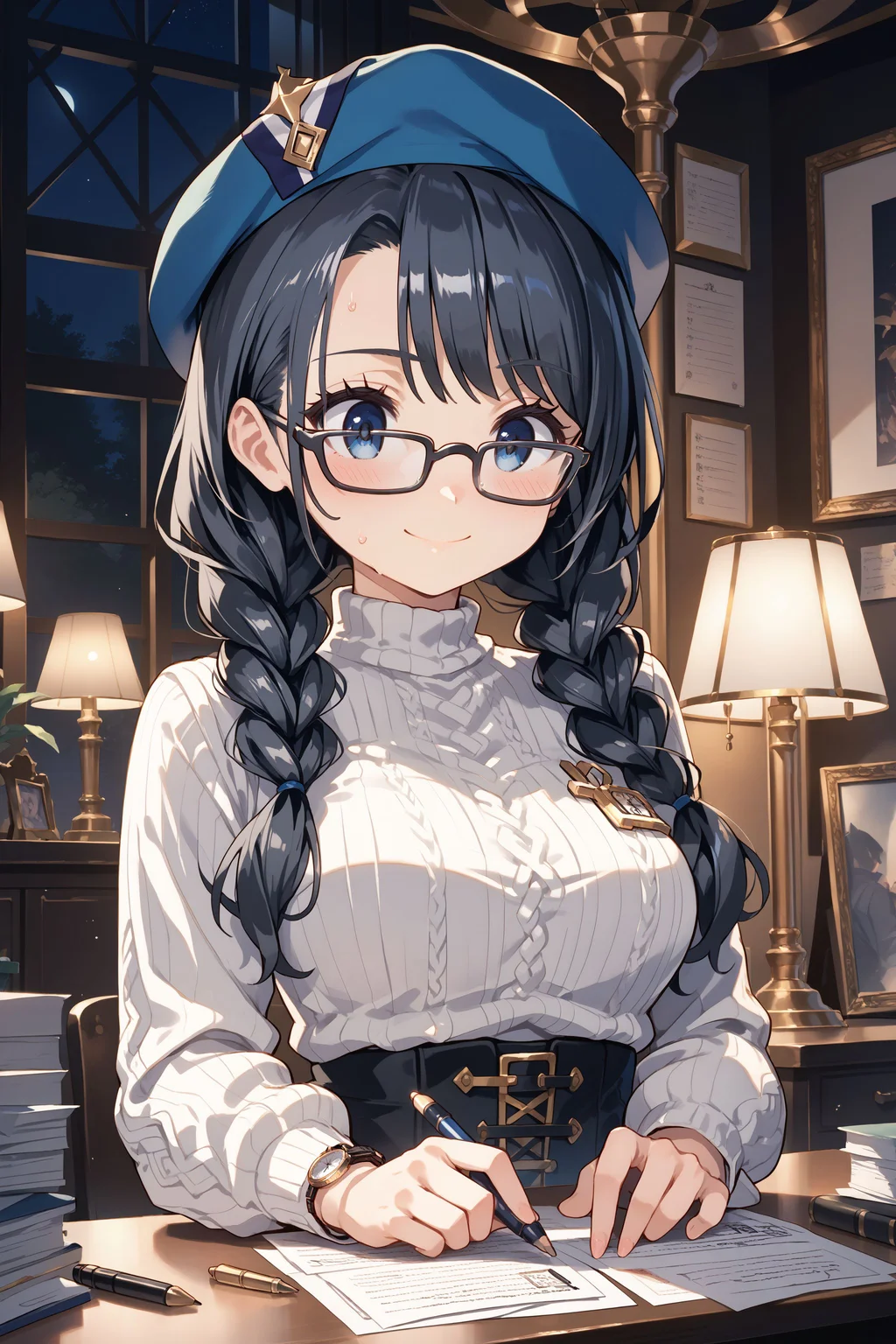 score_max, (score_9, score_8_up, score_7_up:1.2), score_6_up, official art, source_anime,
, masterpiece, absurdres, high detail, 8k,
night, desk, paper,  desk lamp, upper body,
writing, holding pen, looking down, serious, smile, blush, sweat,
marian, twin braids, black-framed eyewear, red beret, white sweater, long sleeves, wristwatch,
<lora:XL_Pony_MGCM-marianne-t1:1>